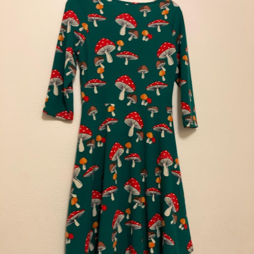 Green Long-Sleeve Fit & Flare Dress with Red Mushroom Print